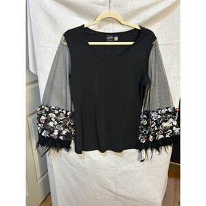 CARTISE Black Mesh Sleeve Embellished Floral Feather Top M WhimsyGoth Princess